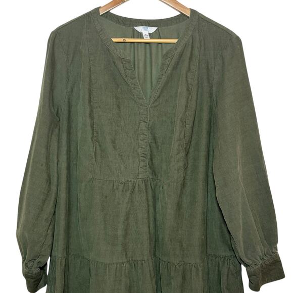 Army Green Corduroy Size XL Tiered Hem Pullover Baby Doll Shirt Dress - Picture 3 of 7